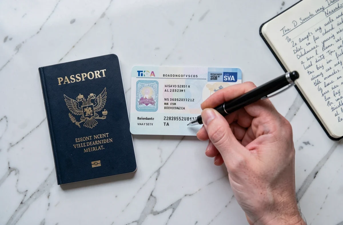 Vue aérienne d'un passeport et d'un visa avec numéro de référence visible sur marbre blanc