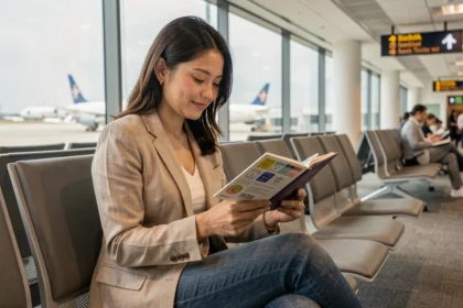 Femme tenant un passeport rempli de visas touristiques dans un salon d'aéroport international
