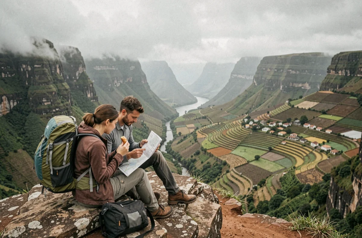 Deux randonneurs faisant une pause avec vue sur le Cirque de Cilaos à La Réunion, paysage de montagnes et villages en terrasses