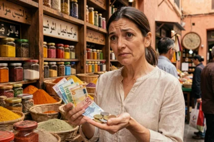 Femme tenant des euros et des dirhams marocains dans un souk de Marrakech