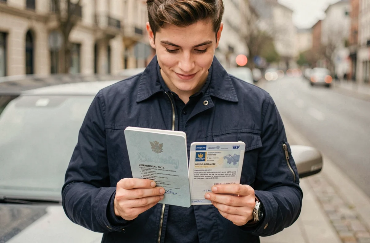 Jeune homme tenant un permis de conduire international et son permis national avant un voyage à l'étranger