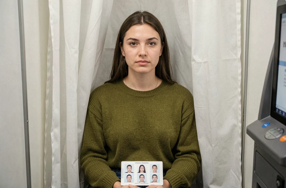 Femme prenant des photos biométriques dans une cabine photo pour son renouvellement de passeport