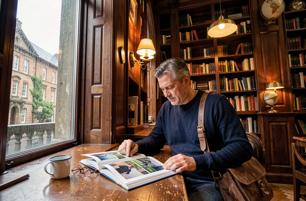 Homme photographiant dans une bibliothèque publique par temps de pluie, assis près d'une fenêtre ruisselante entouré de grandes étagères de livres