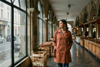 Femme en imperméable rouille photographiée sous une halle couverte par temps de pluie, regardant par une grande fenêtre aux vitres ruisselantes