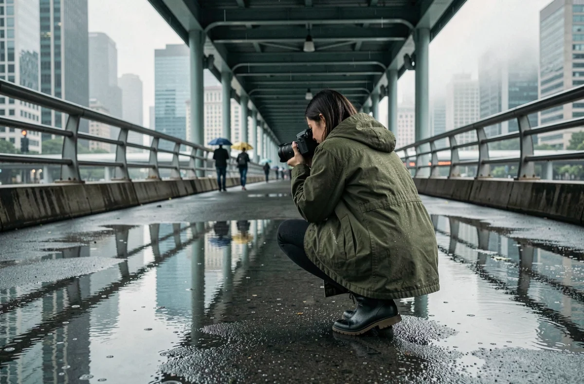 Photographe accroupie sur un pont couvert sous la pluie, capturant le reflet de la ville dans les flaques d'eau sur le sol