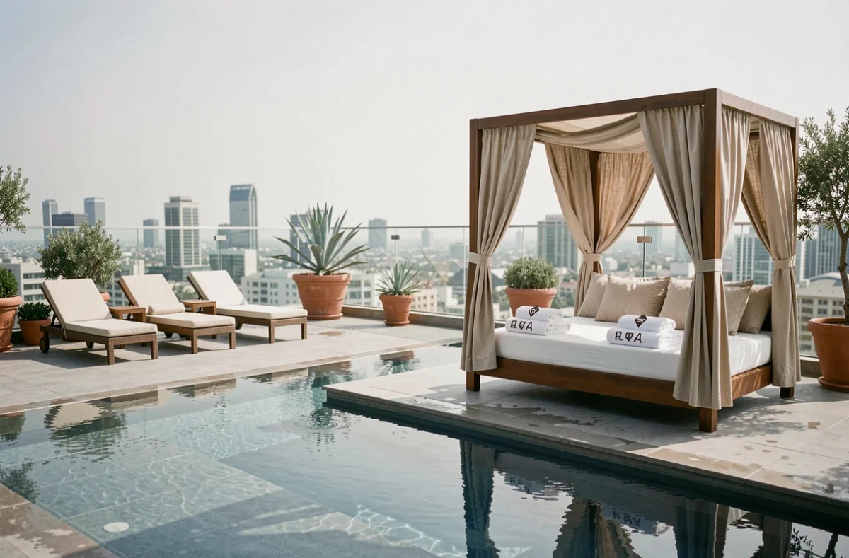 Comparaison de zones de piscine sur un rooftop d'hôtel montrant les différences de confort entre un établissement 4 étoiles et 5 étoiles