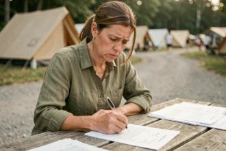 Femme mécontente écrivant une lettre de réclamation dans un camping en été