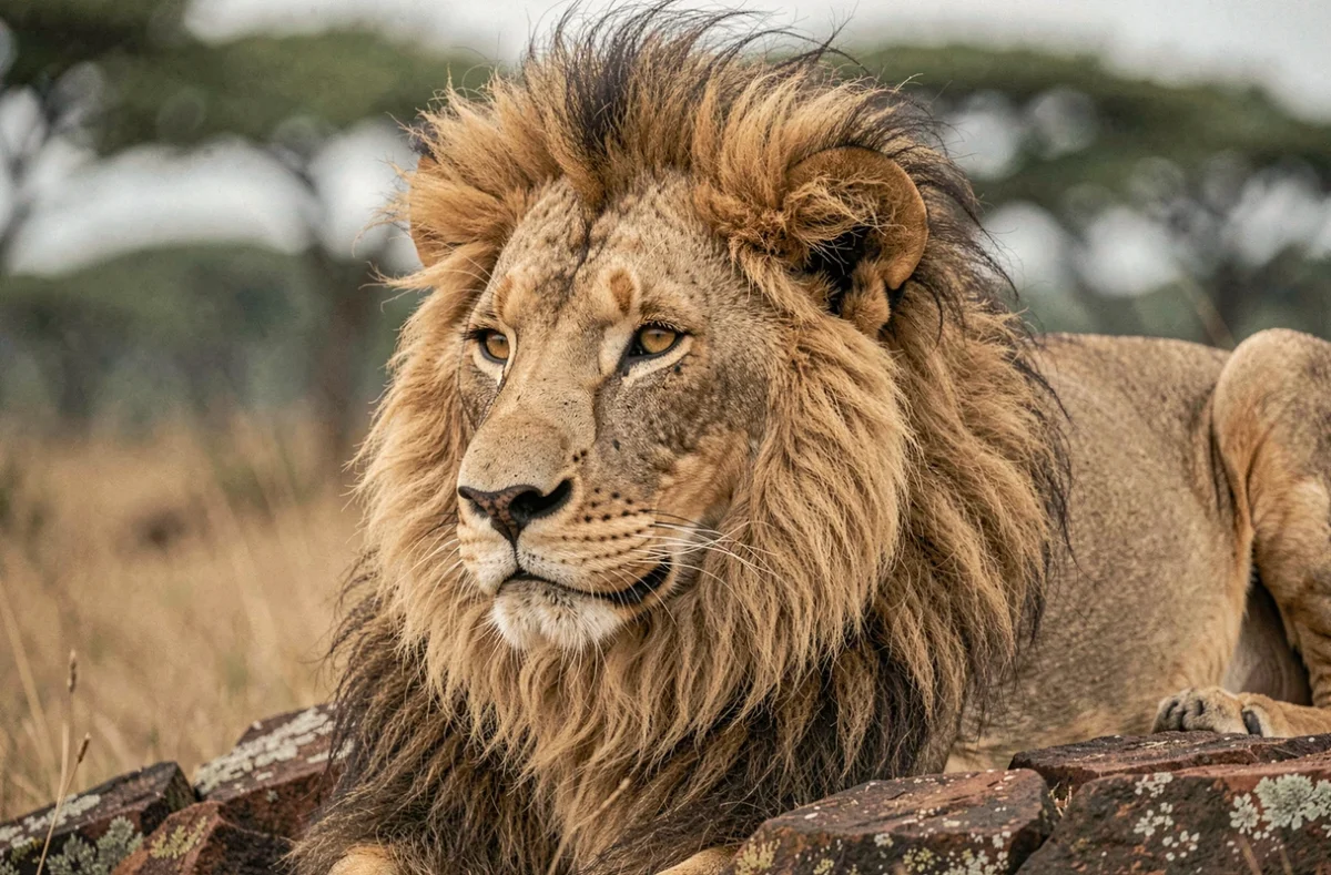 Portrait rapproché d'un lion mâle adulte au repos sur un rocher lors d'un safari en Tanzanie