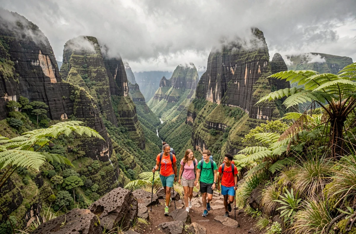 Famille en randonnée dans le Cirque de Cilaos à La Réunion lors des mois d'été australs entre novembre et avril