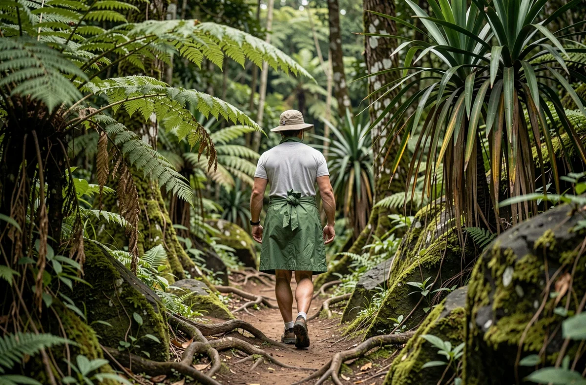 Randonneur traversant une forêt tropicale humide dans le Cirque de Mafate à La Réunion, sentier bordé de fougères arborescentes