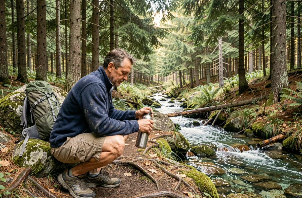 Randonneur se ravitaillant en eau dans un ruisseau de montagne au milieu d'une forêt de conifères sur un sentier de randonnée