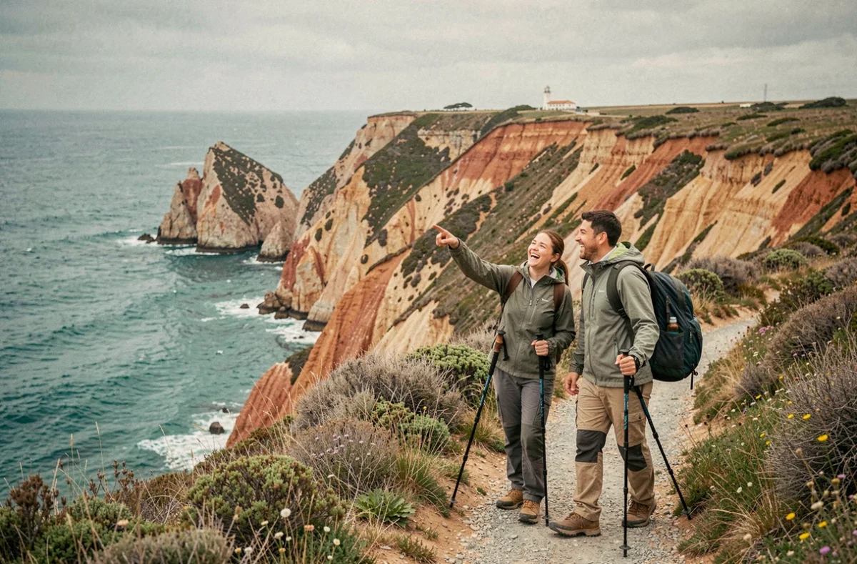 Deux randonneurs sur un sentier côtier au bord des falaises avec vue panoramique sur la mer turquoise et un phare au loin