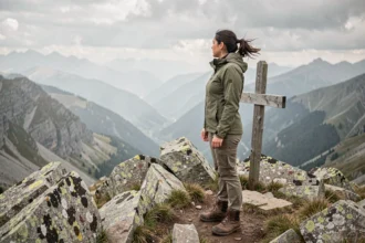 Randonneuse au sommet d'une montagne alpine admirant la vue sur une vallée brumeuse lors d'une randonnée en haute altitude