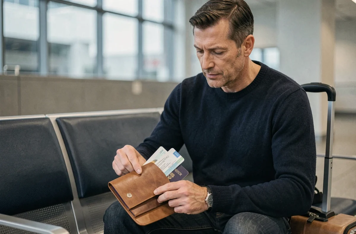 Homme rangeant son passeport dans un organisateur de voyage en cuir anti-RFID dans un salon d'aéroport