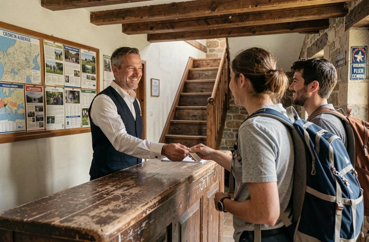 Réceptionniste d'une auberge traditionnelle française accueillant des voyageurs à la réception avec clé de chambre