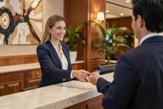 Réceptionniste d'hôtel en blazer marine accueillant un client à la réception en marbre d'un hôtel haut de gamme