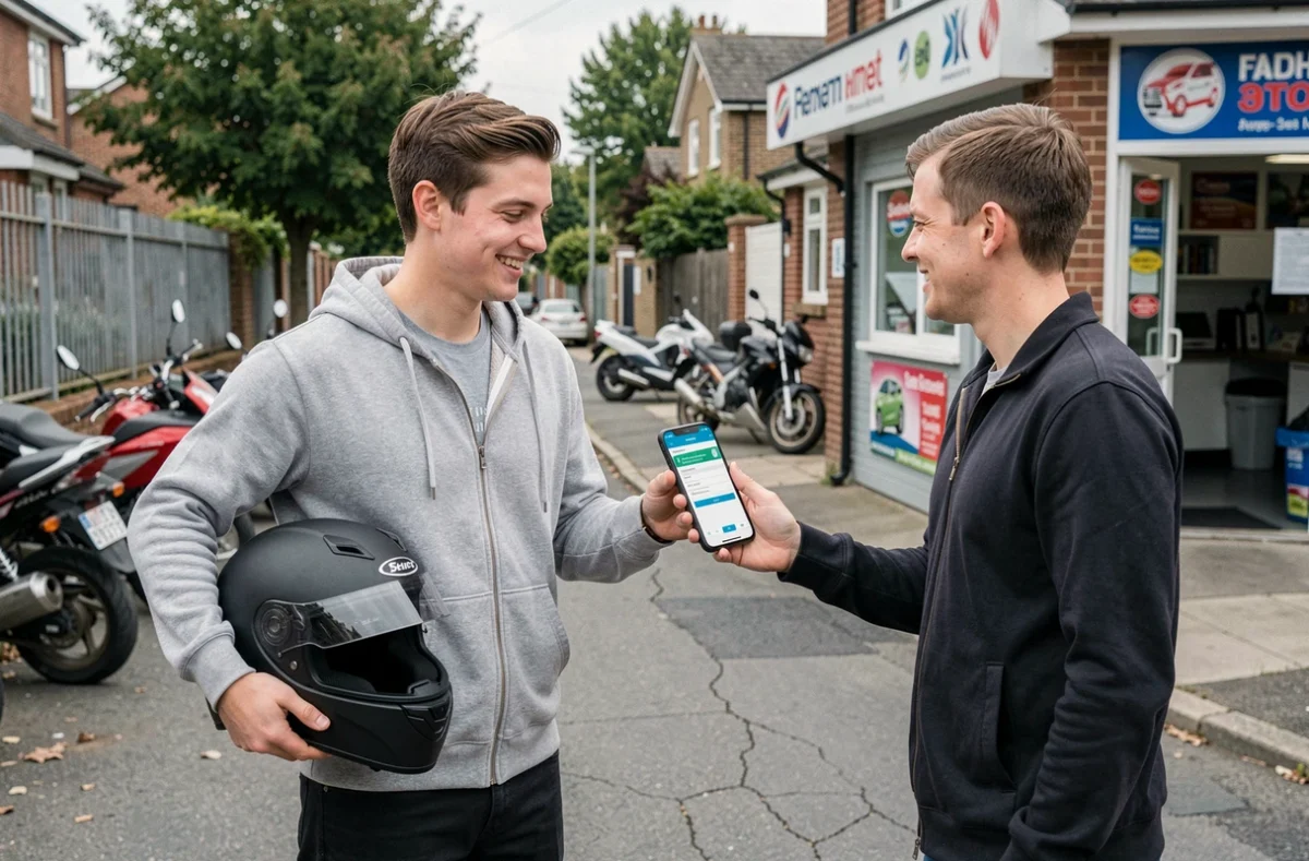 Jeune homme présentant une confirmation numérique de location de moto sur smartphone à un agent lors de la remise du véhicule