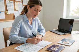 Femme remplissant un formulaire de renouvellement de passeport à son bureau à domicile
