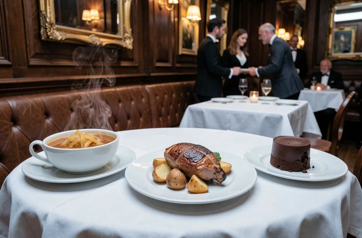 Table gastronomique dressée dans une brasserie parisienne classique avec soupe à l'oignon, confit de canard et mousse au chocolat