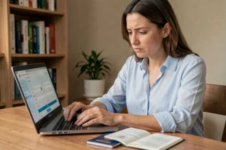 Femme consultant son passeport pour remplir un formulaire de réservation de billet d'avion en ligne sur un ordinateur portable