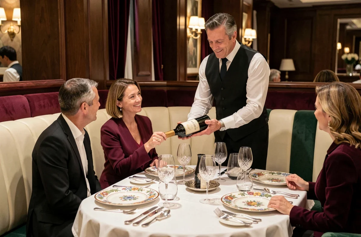 Restaurant gastronomique d'un palace hôtelier avec sommelier présentant un grand vin, décor raffiné et art de la table exceptionnel