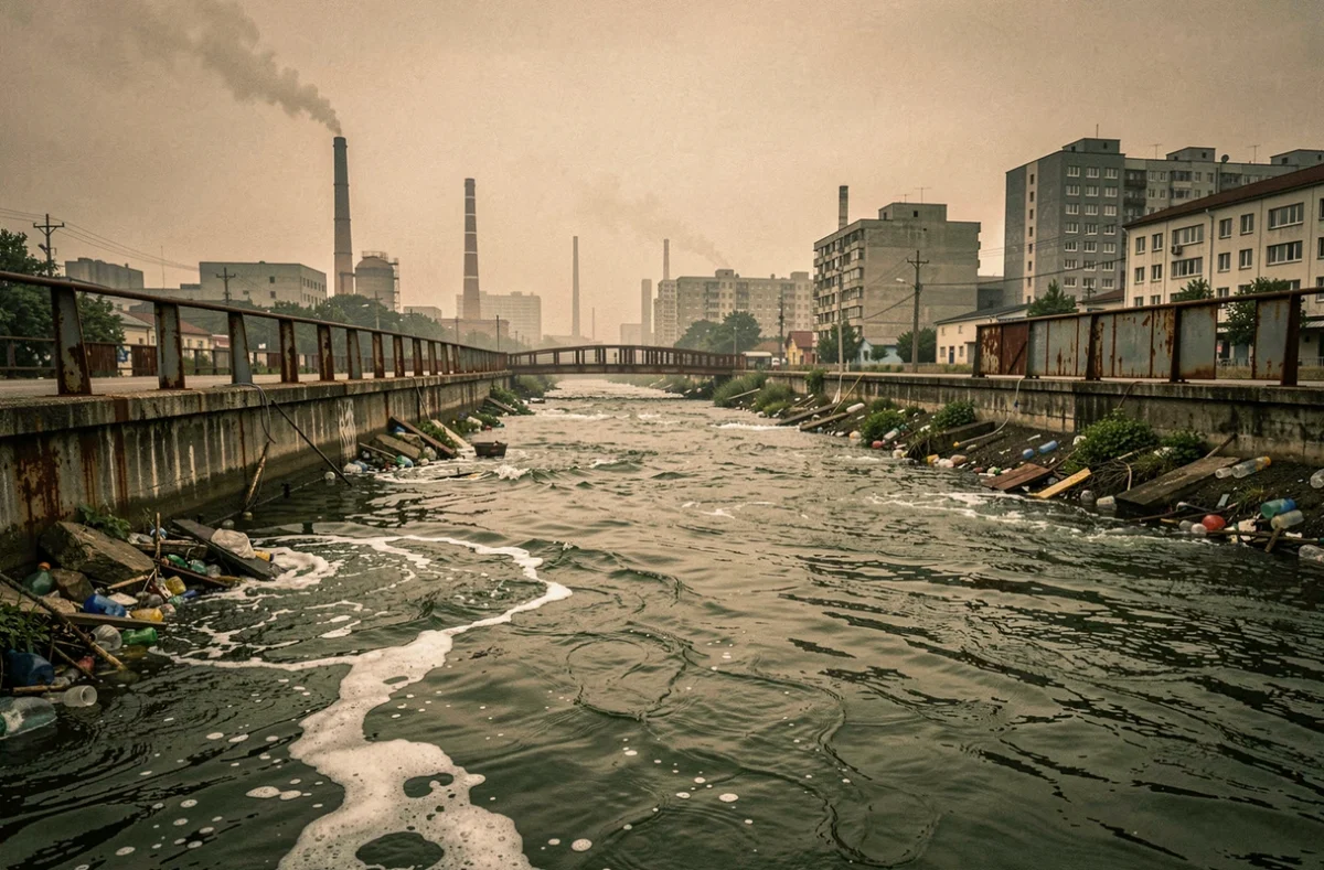Rivière urbaine fortement polluée avec déchets plastiques et usines en arrière-plan dans une ville industrielle sous smog