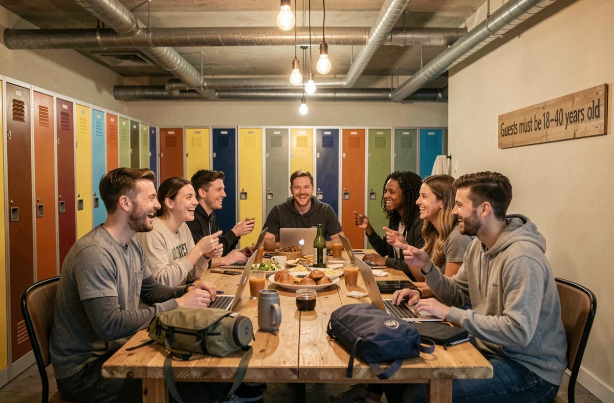 Groupe de jeunes voyageurs partageant un repas dans la salle commune d'une auberge avec panneau de limite d'âge visible