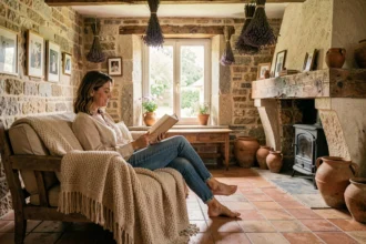 Femme se reposant dans le salon rustique d'un gîte de campagne en France, avec murs en pierre et cheminée ancienne
