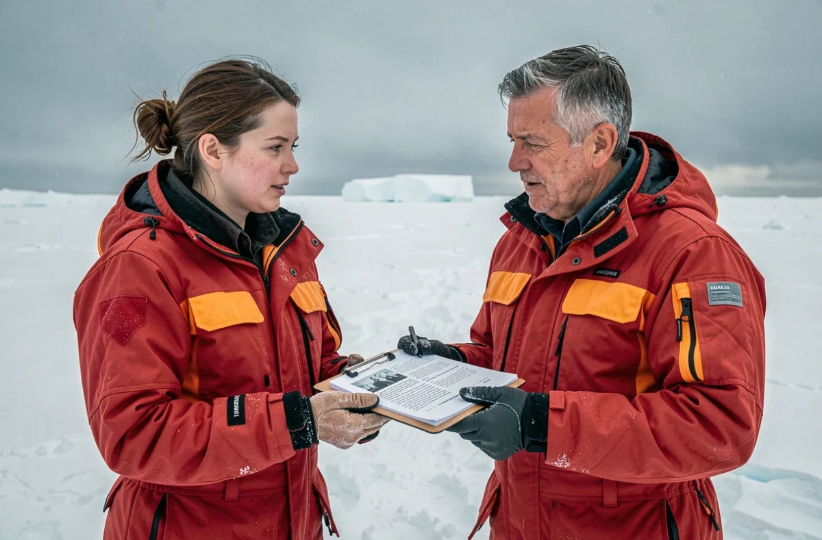 Deux scientifiques en Antarctique discutant de documents officiels liés aux accords internationaux régissant le statut juridique du continent antarctique