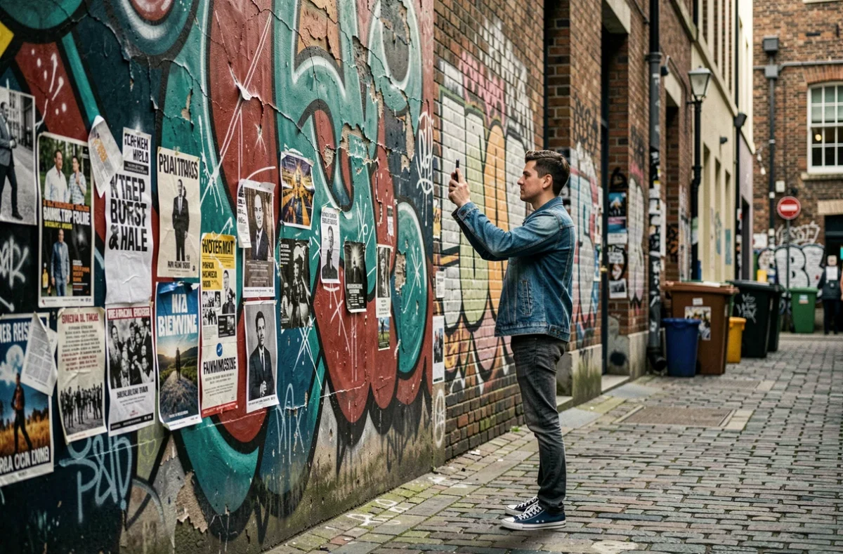 Jeune homme photographiant une fresque murale géante dans un quartier de street art urbain, reflet de la vitalité culturelle d'une grande ville mondiale