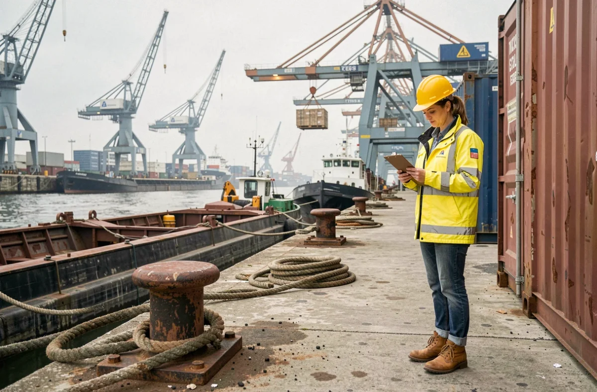Travailleuse portuaire sur le quai d'un terminal fluvial du Rhin avec grues et barges en arrière-plan