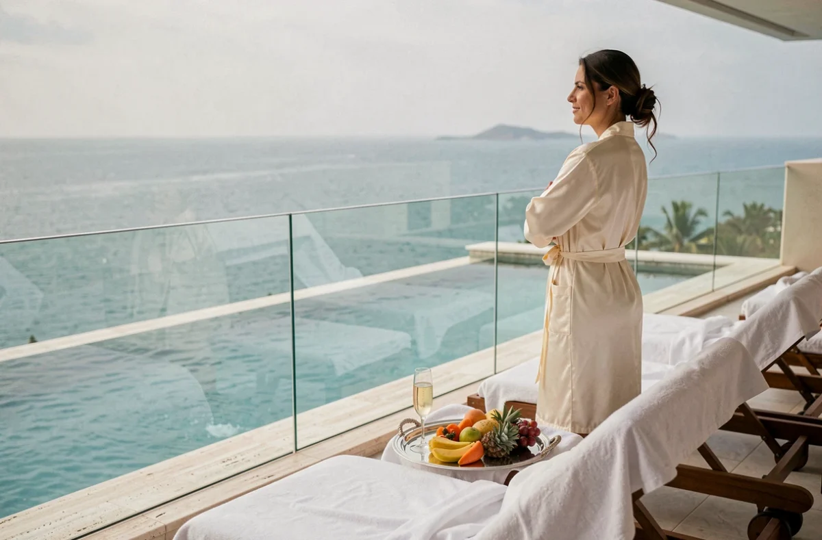 Terrasse privée avec piscine à débordement dans une suite d'hôtel de luxe extrême donnant sur la mer