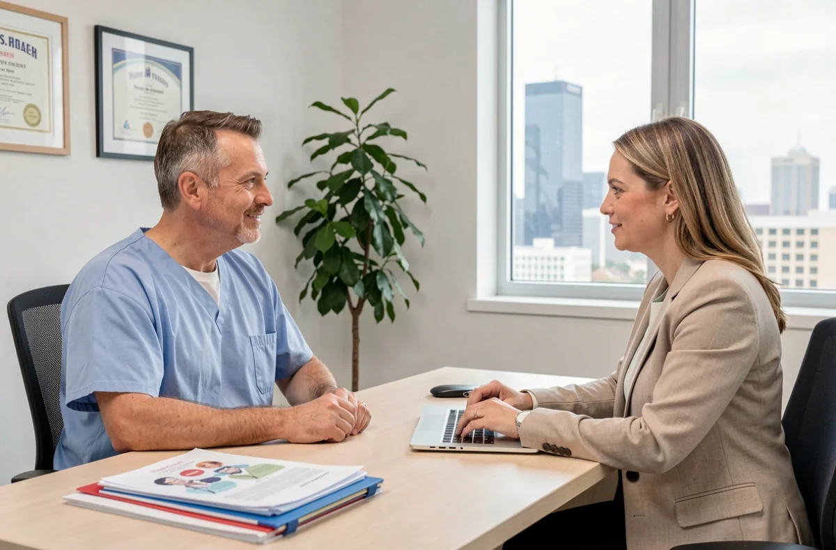 Patient en consultation médicale dans une clinique privée à l'étranger, représentant le tourisme médical international