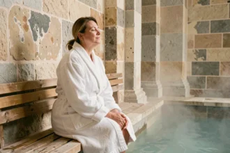 Femme en robe de spa dans un établissement thermal historique, illustrant le tourisme de santé et le bien-être thermal