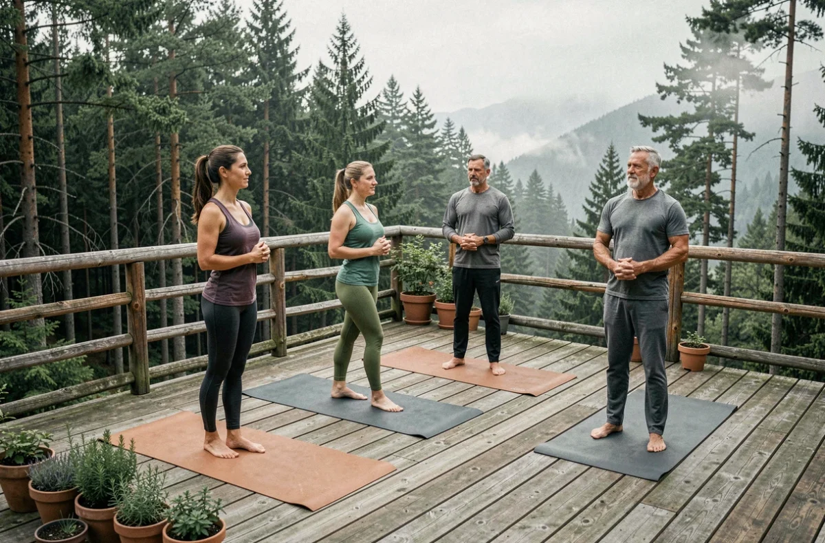 Groupe de personnes pratiquant le yoga en plein air dans un centre de bien-être en montagne, symbolisant le tourisme de santé holistique