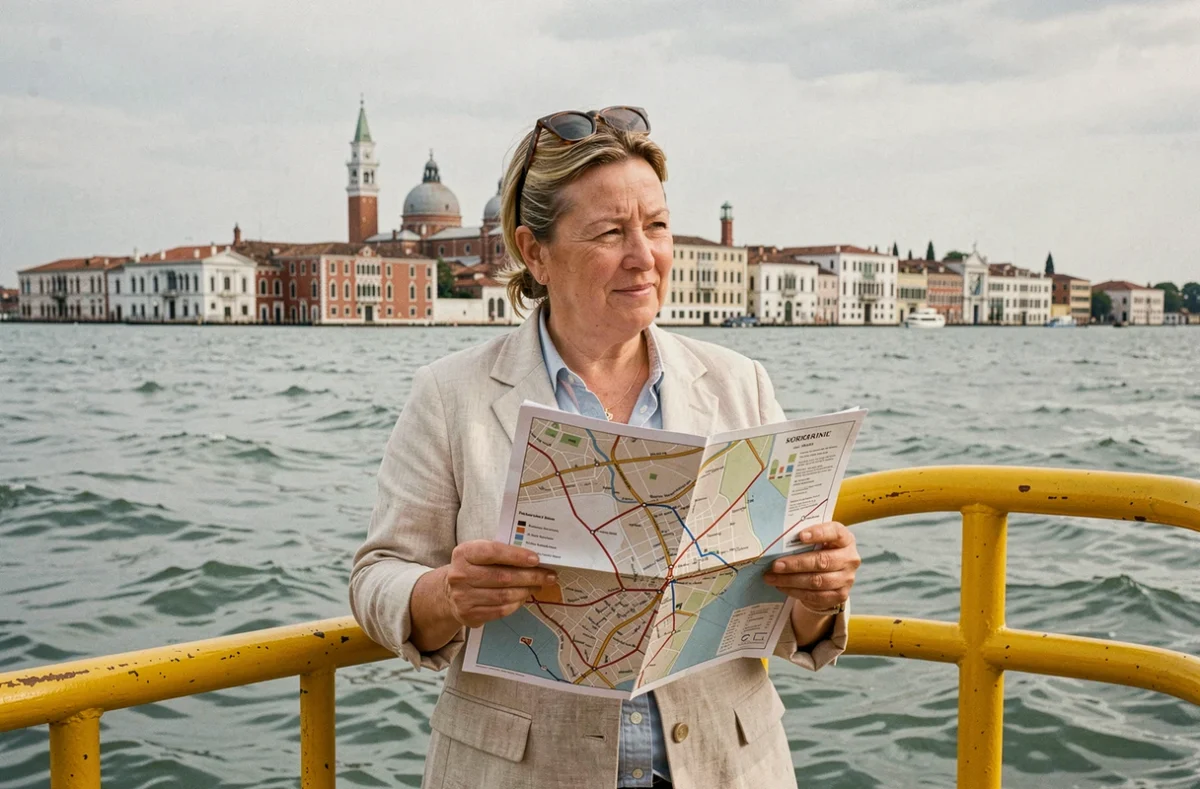 Touriste consultant la carte des lignes de vaporetto à bord d'un bateau-bus naviguant dans la lagune de Venise