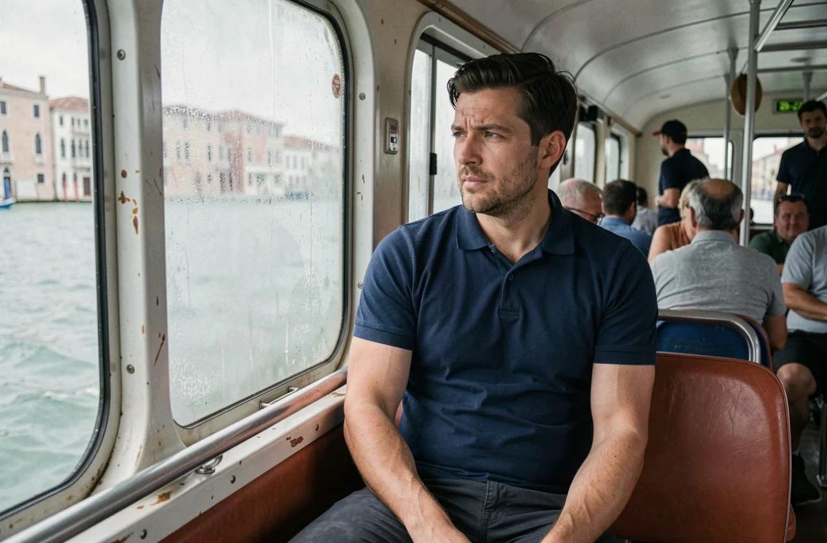 Touriste regardant par le hublot d'un vaporetto ACTV en route vers l'île de Murano sur la lagune de Venise