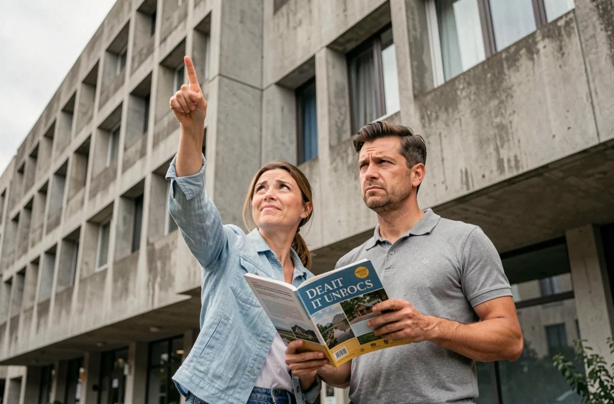 Couple de touristes posant devant l'hôtel considéré comme le plus laid du monde avec une expression amusée