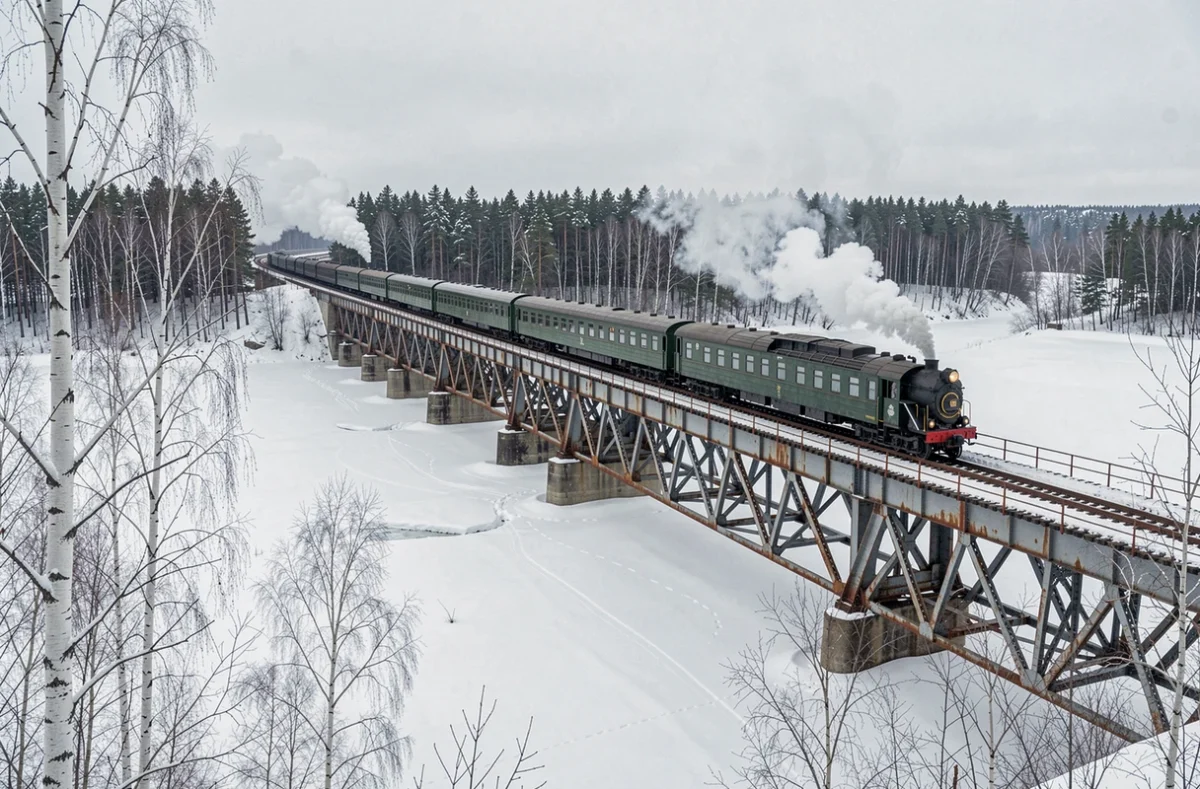 Train du Transsibérien traversant un pont métallique au-dessus d'une rivière gelée en Sibérie
