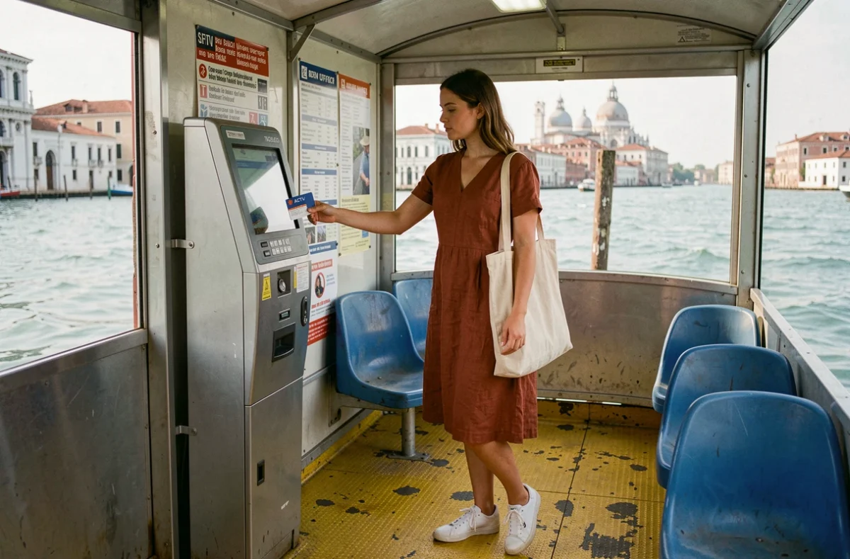 Jeune femme validant sa carte de transport au guichet automatique d'un arrêt de vaporetto à Venise