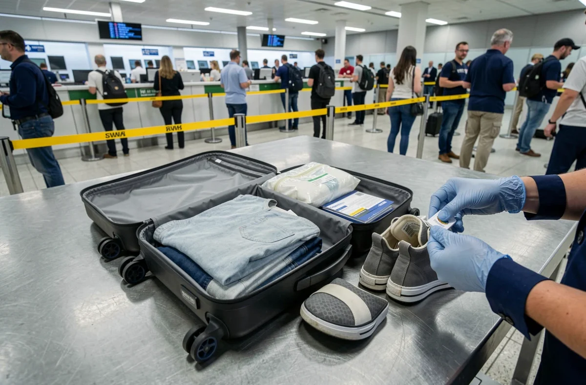 Valise ouverte et fouillée par un agent des douanes lors d'un contrôle douanier à l'aéroport international