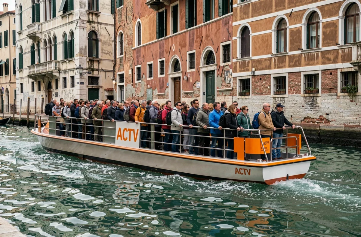 Vaporetto ACTV bondé naviguant sur le Grand Canal devant les palais vénitiens