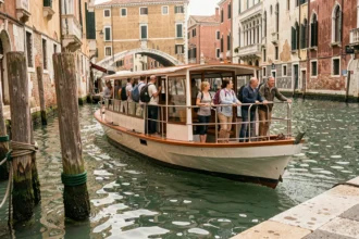Vaporetto ligne 1 naviguant sur le Grand Canal de Venise avec des passagers en direction du pont du Rialto