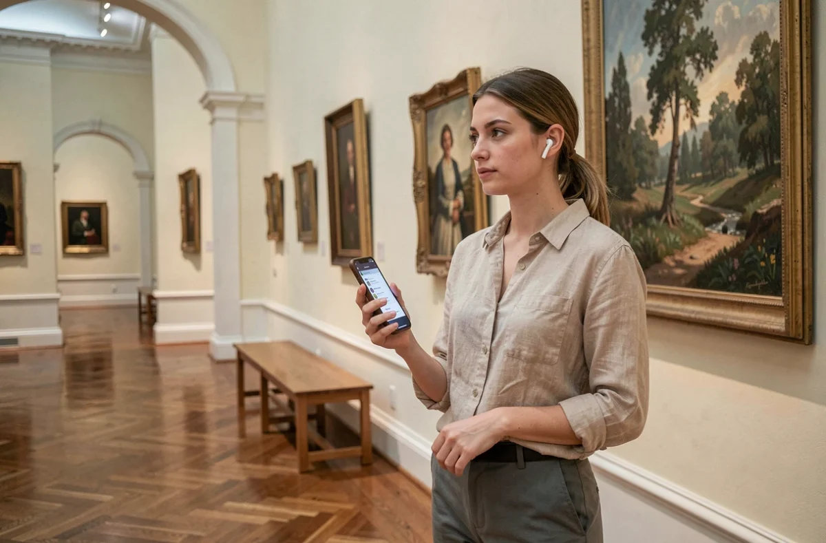Jeune femme utilisant un audioguide sur smartphone pour visiter seule une galerie de musée avec des peintures impressionnistes