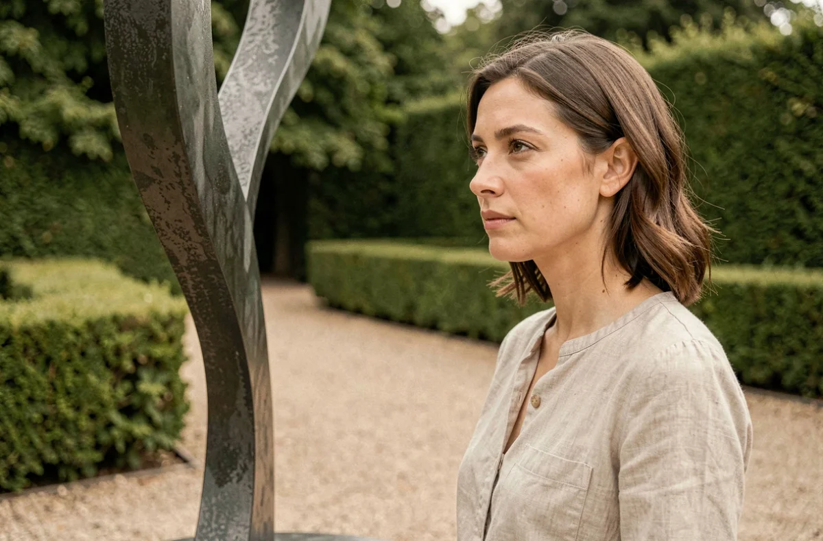 Femme admirant une sculpture contemporaine dans les jardins du domaine de Chaumont-sur-Loire lors d'un festival artistique annuel