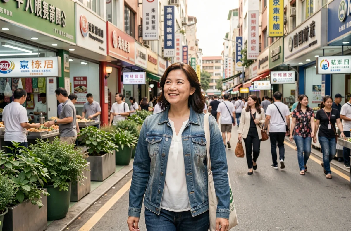 Femme se promenant dans une rue animée d'une métropole asiatique moderne illustrant un cadre de vie agréable