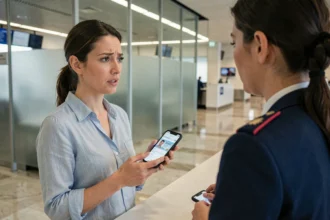 Une femme montre une photo de sa carte d'identité sur smartphone à un agent d'enregistrement dans un aéroport international