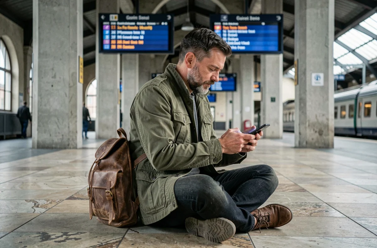 Voyageur consultant une application de budget pour son année sabbatique dans une gare européenne