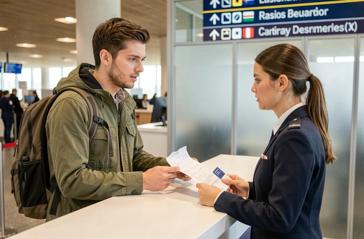 Voyageur présentant sa déclaration de douane à une agente des douanes au comptoir de contrôle à l'aéroport