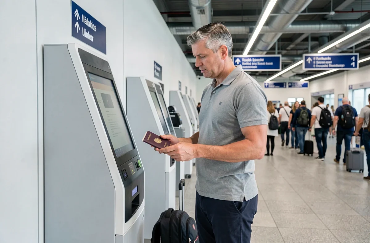 Voyageur effectuant son enregistrement à une borne libre-service dans un aéroport moderne